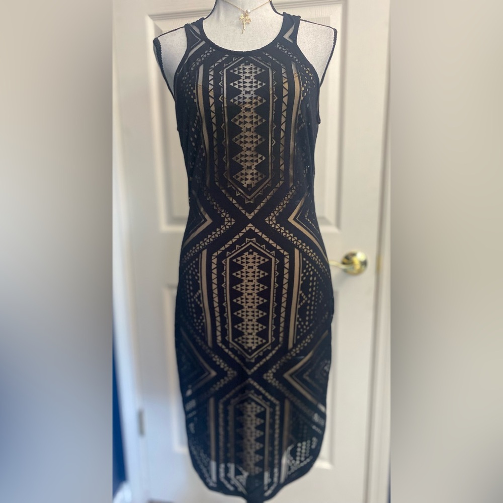 Material Girl Black and Tan Halter Sheath Dress